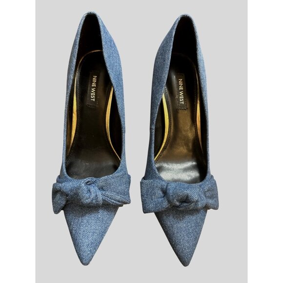 New Nine West Womens Blue Denim Pointed Toe Heels Bow Gold Stiletto Heel Size 7 - Picture 1 of 9